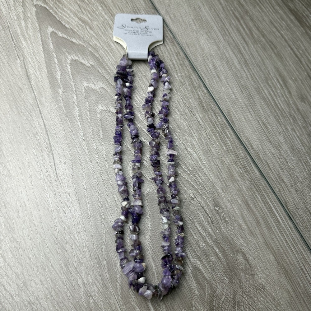 Sterling Silver Genuine Amethyst Chip Double Strand Necklace 18" Purple New